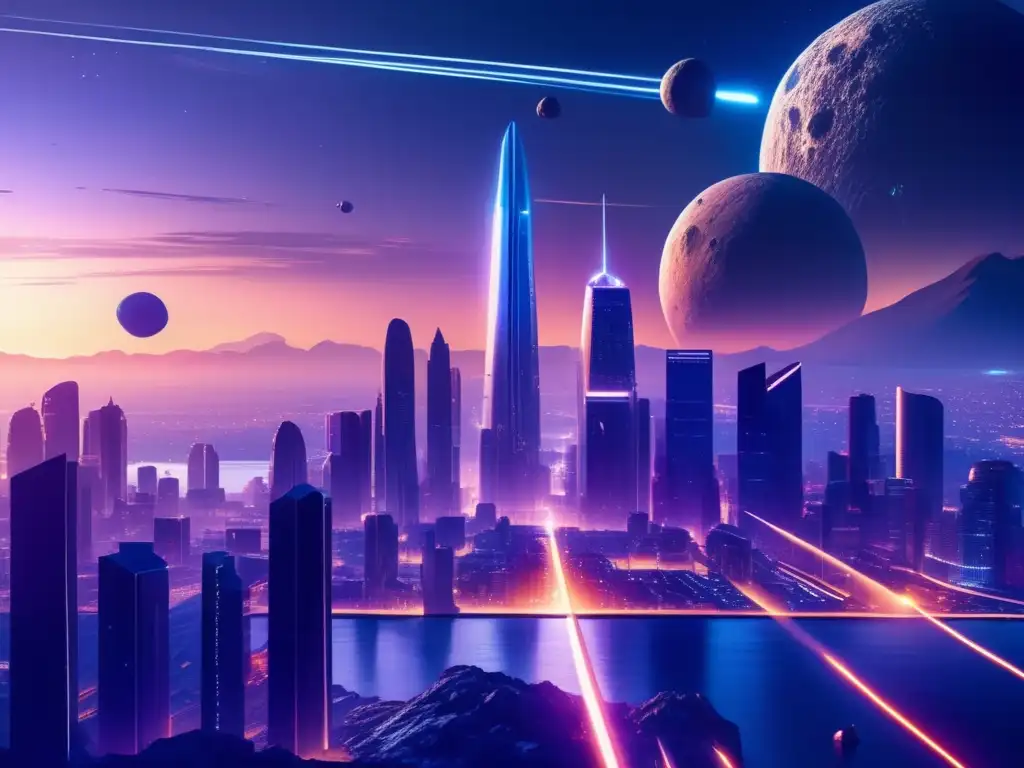 Predicción de tormentas de asteroides en una ciudad futurista al anochecer