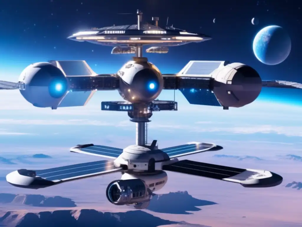 Estación espacial futurista preparándose para tránsito de asteroides Preparación para tránsito asteroide: sombras espaciales, estación espacial futurista, naves espaciales, iluminación vibrante