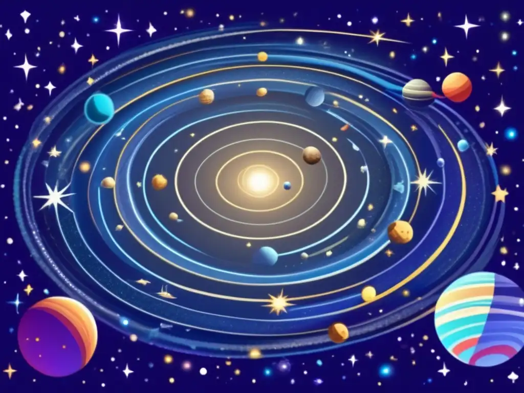 Universo estrellado con alineación de planetas y asteroides Tránsitos de asteroides en astrología: noche estrellada con planetas y cuerpos celestes