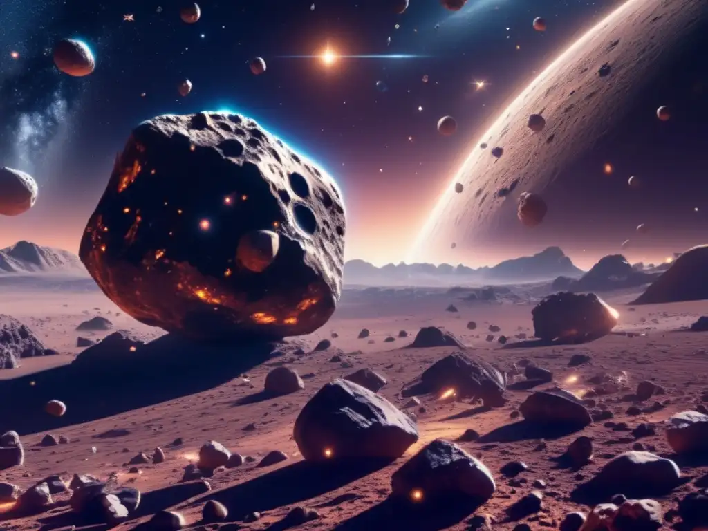 Exuberante escena espacial con asteroides flotantes Transporte de minerales asteroidales en el espacio: una imagen 8K detallada de un vasto paisaje cósmico con asteroides flotando y una nave espacial