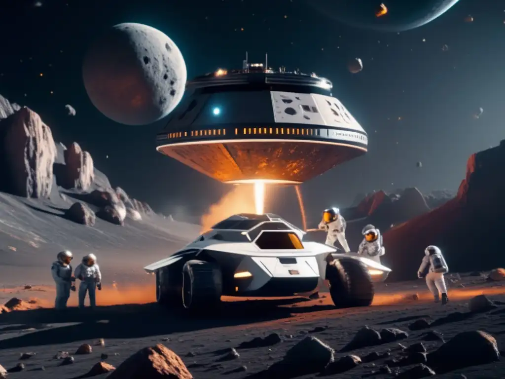 Astronaves futuristas minando asteroide Transporte de minerales asteroidales: nave espacial futurista en un asteroide con astronautas mineros