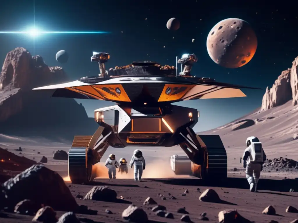 Futurista nave espacial minera en asteroide Transporte de minerales asteroidales: Nave futurista en un asteroide, astronautas y robots extrayendo minerales valiosos