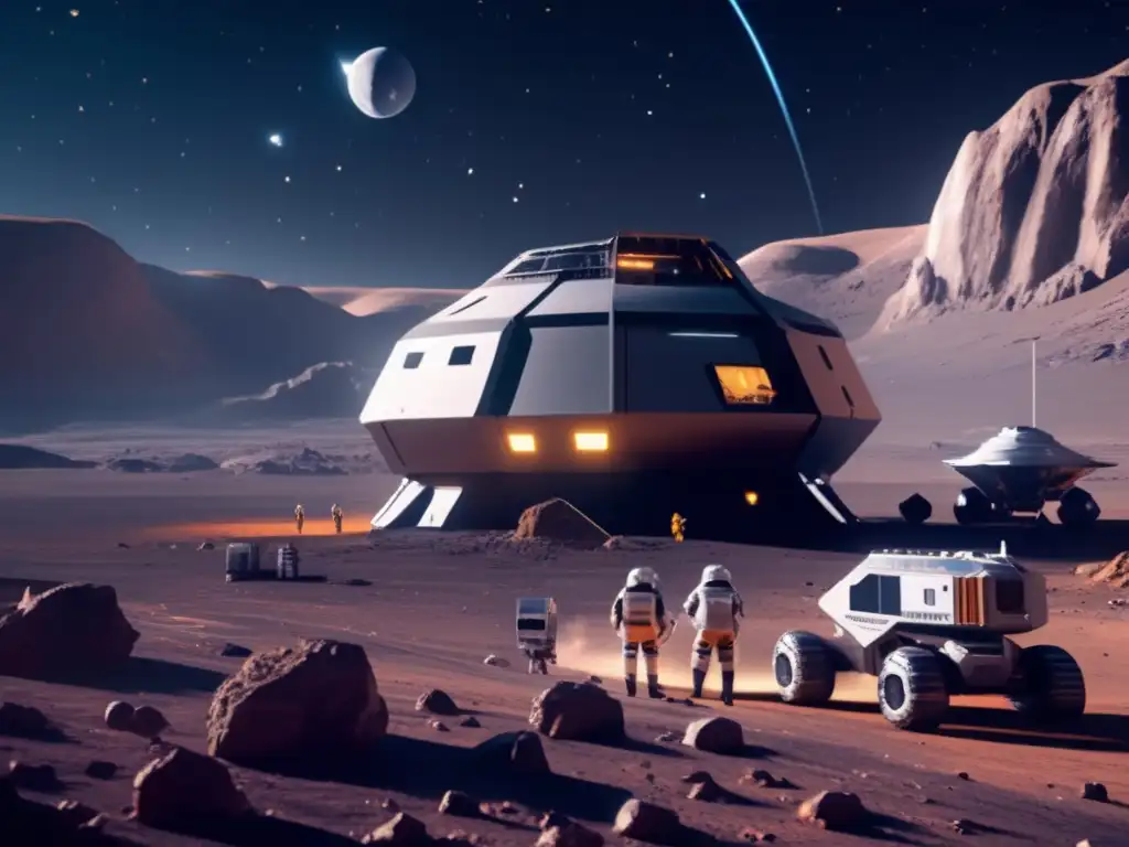 Futurista mina en asteroide con astronautas mineros Transporte y procesamiento de materiales espaciales en minería de asteroides: Futurista imagen de una base minera en asteroide
