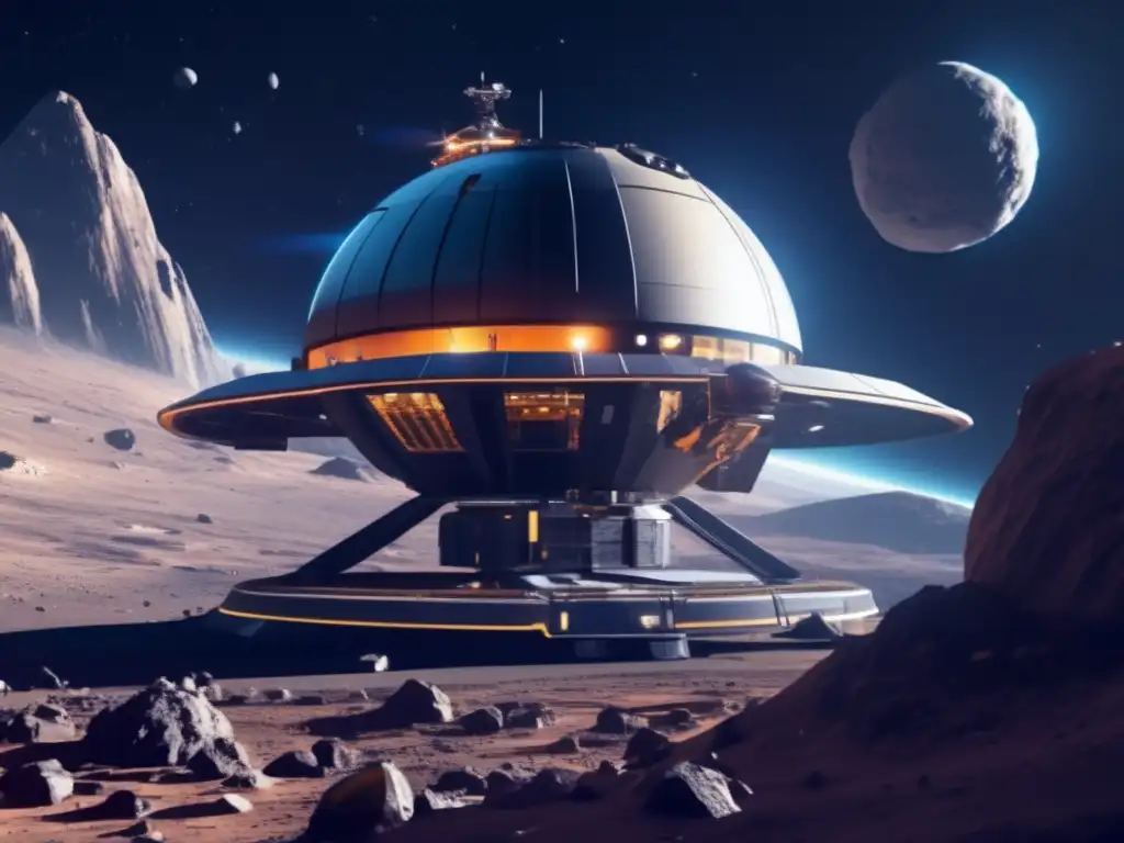 Tratados de desarme espacial asteroides: Futurista estación espacial, asteroide con minas y naves en el espacio