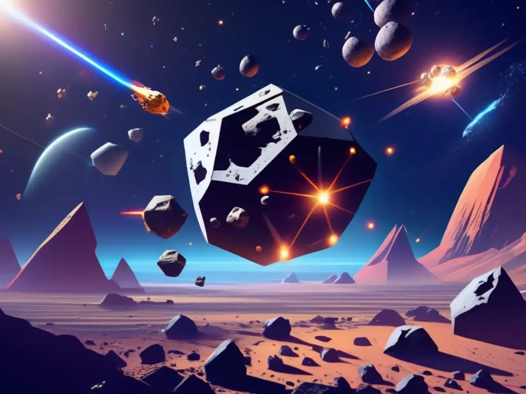 Minería espacial: Asteroides y drones Categorización asteroides trayectoria espacial: mineros futuristas extraen recursos de asteroides en imagen detallada de espacio