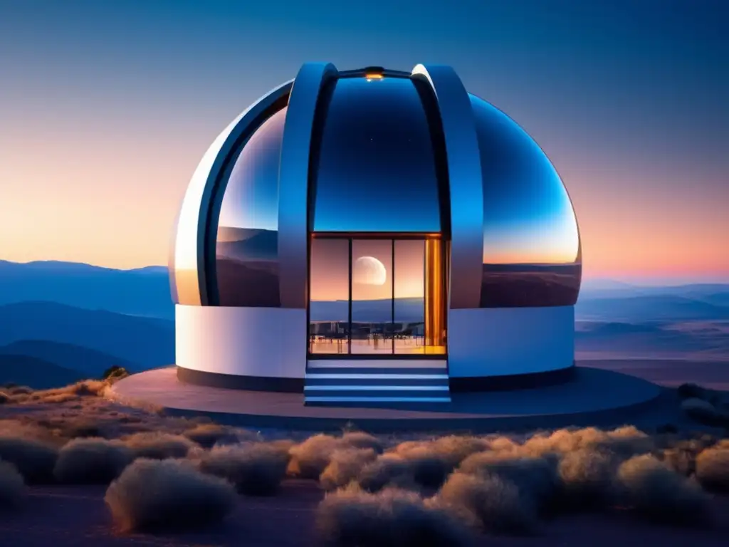 Observatorio de alta tecnología en la montaña Trayectoria cálculo NEO peligroso: Observatorio hightech con científicos analizando el peligroso NEO bajo el cielo estrellado