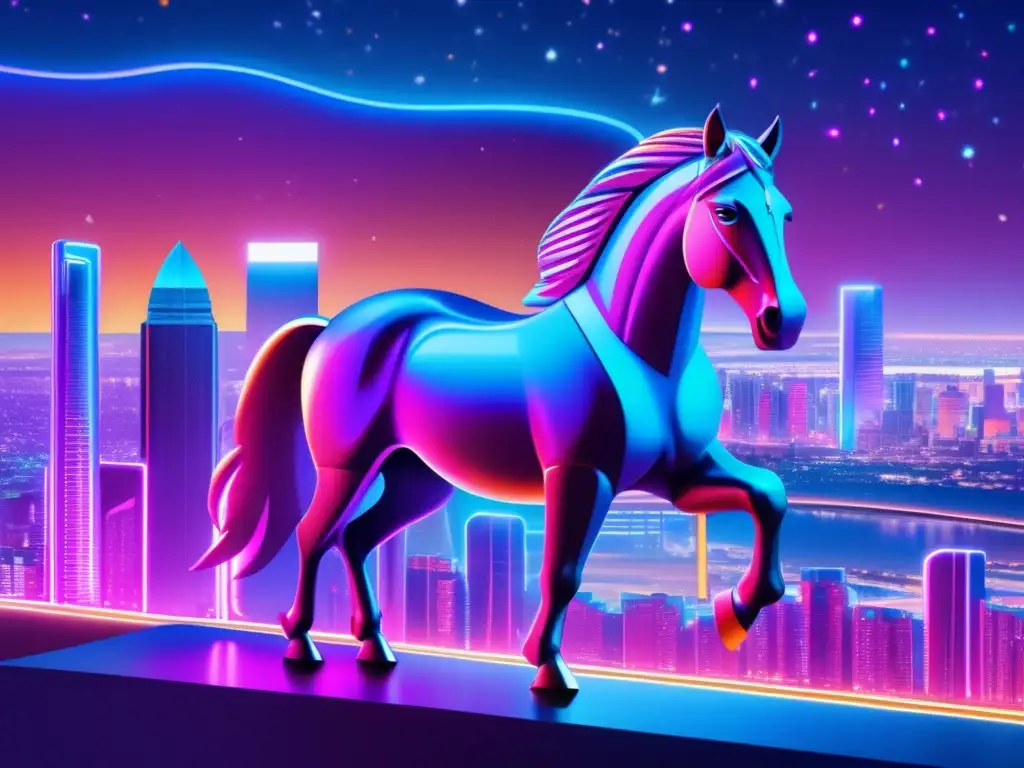 Futurista ciudad con el icónico caballo de Troya Troyanos asteroides en cultura popular: Futurista ciudad con rascacielos, luces neón y un enorme caballo de Troya tecnológico