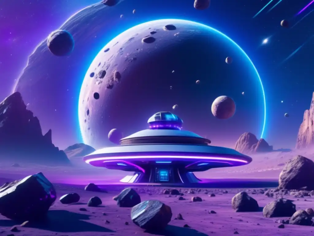 Futurista estación espacial en asteroides Turismo espacial en asteroides troyanos: estación espacial futurista rodeada de asteroides, paisaje impresionante y aventura celestial
