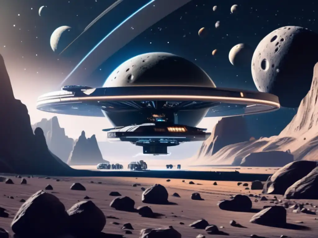 Estación espacial futurista en cinturón de asteroides Turismo espacial en asteroides troyanos: estación espacial futurista en un denso cinturón de asteroides, con astros de distintos tamaños y formas
