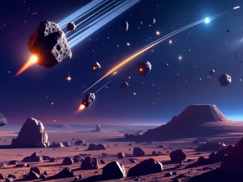 Asteroide campo de turismo Turismo espacial en asteroides troyanos: Increíble vista de un campo de asteroides con turistas maravillados en una nave futurista