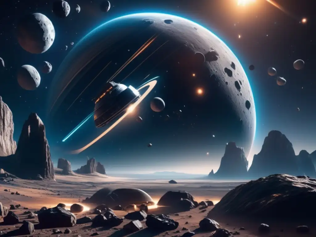 Futurista estación espacial entre asteroides Turismo espacial en asteroides troyanos: Estación futurista rodeada de asteroides, turistas flotando en el espacio, panorama impresionante