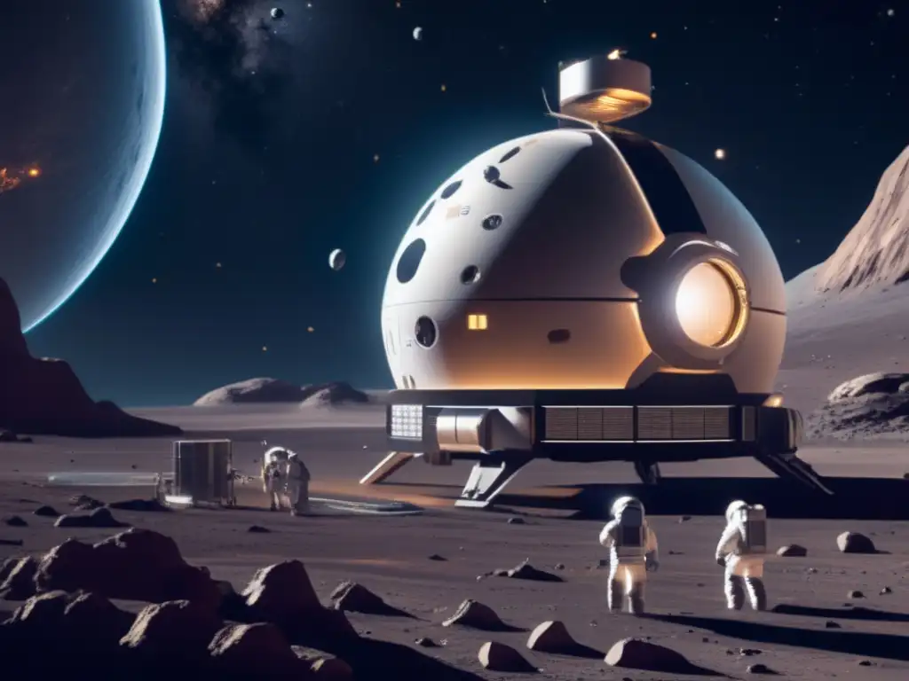 Estación espacial futurista y asteroide minado Ultradescripción de una estación espacial futurista junto a un asteroide
