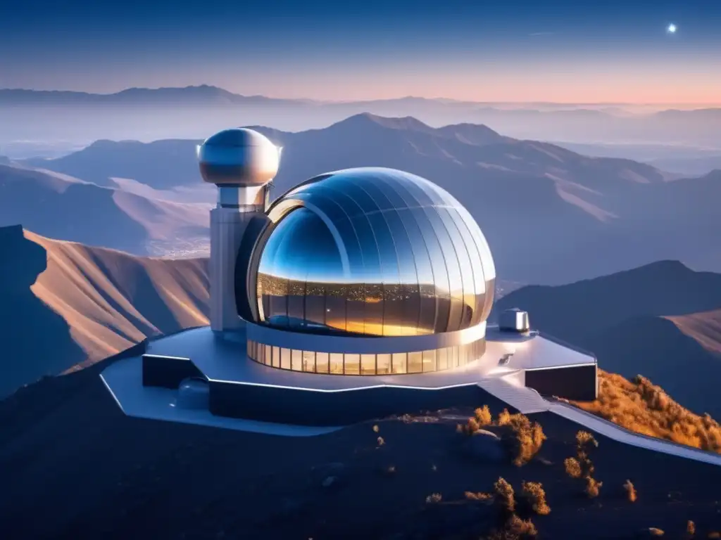 Observatorio moderno en la montaña Ultradescripción: Observatorio tecnológico en la cima de una montaña, equipado con telescopios avanzados y tecnología de detección de asteroides