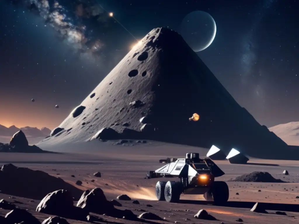 Operación futurista de minería espacial en asteroide Ultradet, altaresol imagen: mina futurista en asteroide