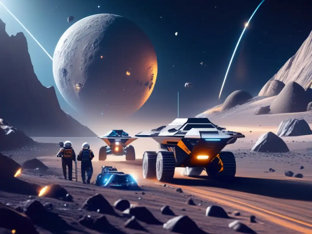 Ultrafuturista mina espacial asteroidal Ultradetallada imagen 8K muestra cooperación internacional en minería de asteroides