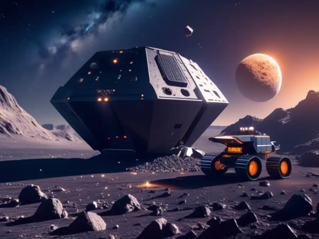 Minería espacial futurista en asteroide Ultradetallada imagen 8k de mina espacial futurista en asteroide con equipo avanzado de extracción