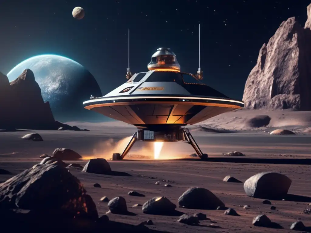 Exploración futurista de asteroides Ultradetallada imagen 8k de una sonda espacial futurista sobre un enorme asteroide rocoso