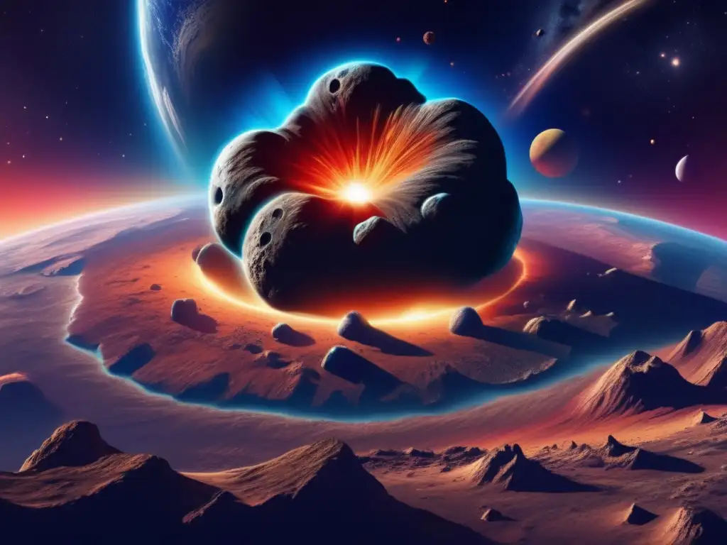 Asteroide gigante en ruta hacia la Tierra Ultradetalle de asteroide masivo acercándose a la Tierra, con cráteres profundos y bordes irregulares