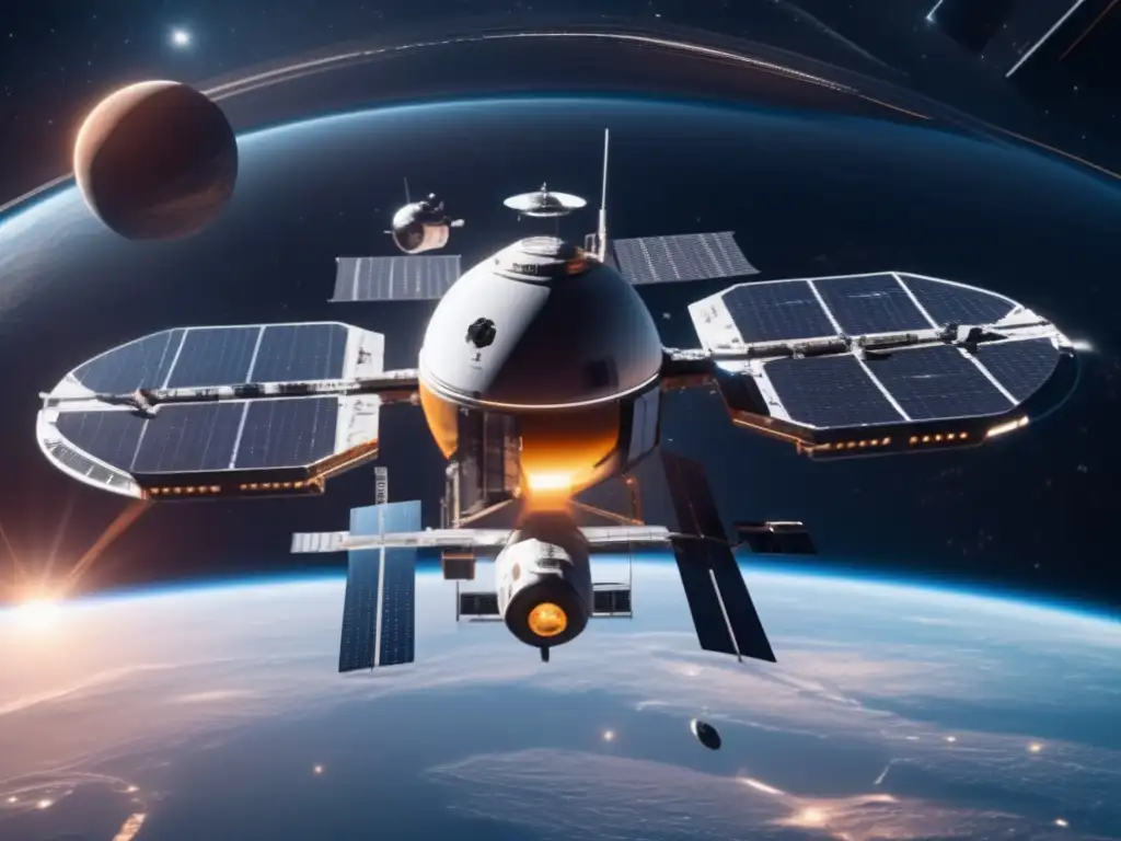 Ultradetalle estación espacial futurista en órbita alrededor de un cuerpo celeste