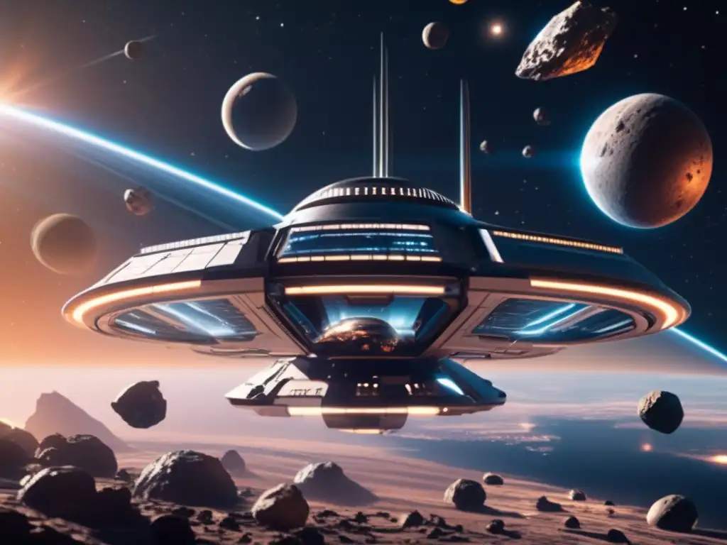 Estación espacial futurista en asteroides Ultradetalle de estación espacial futurista rodeada de asteroides en el espacio: Startups de asteroides prometedoras