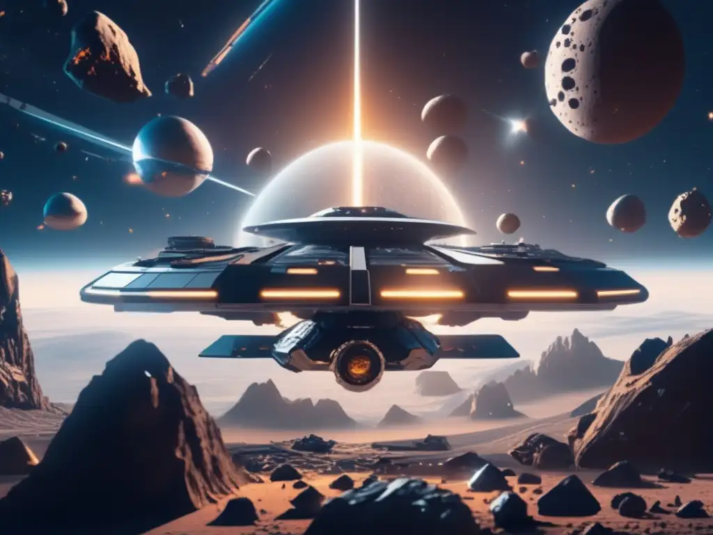 Estación espacial futurista - asteroides y drones Ultradetalle de estación espacial futurista rodeada de asteroides: maravilla tecnológica que ilustra la explotación de asteroides