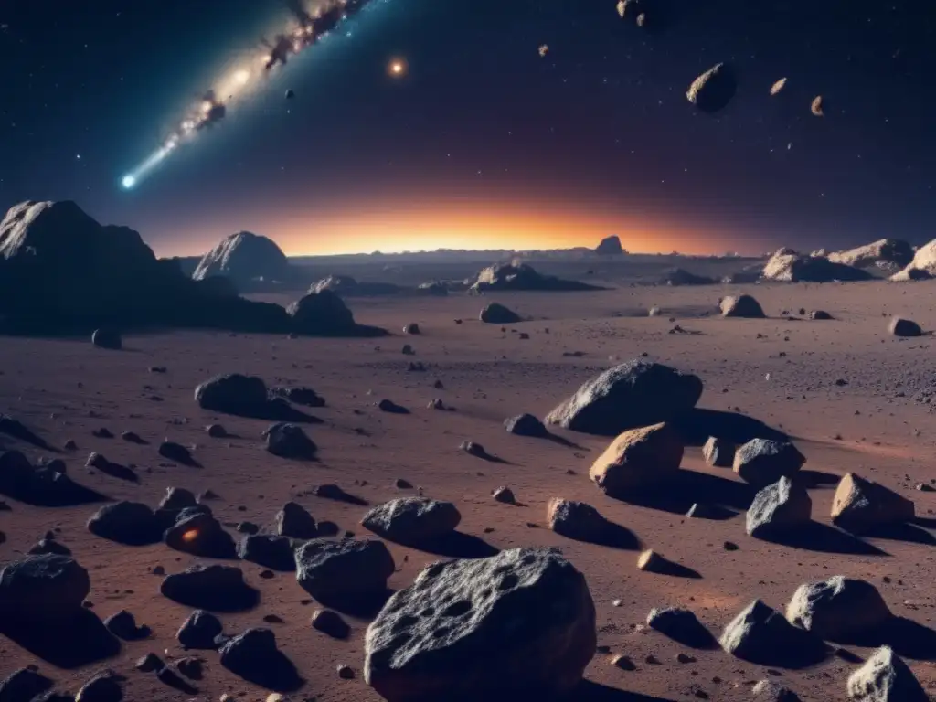 Ultradetalle, 8k imagen de campo asteroides masivo con variados tamaños y formas, iluminados por estrella cercana