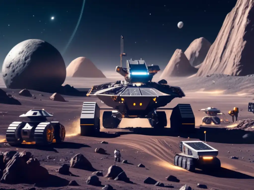 Minería espacial futurista en asteroide Ultradetalle de mina espacial en asteroide: Importancia asteroides sistemas planetarios