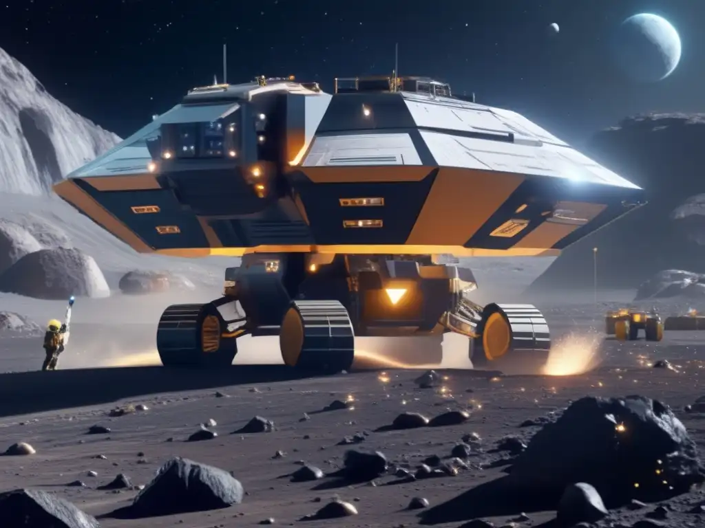 Futuro de minería espacial en asteroide Ultradetalle: operación minera espacial en asteroide, nave gigante, maquinaria avanzada, recursos minerales, vista cósmica, legislación asteroides