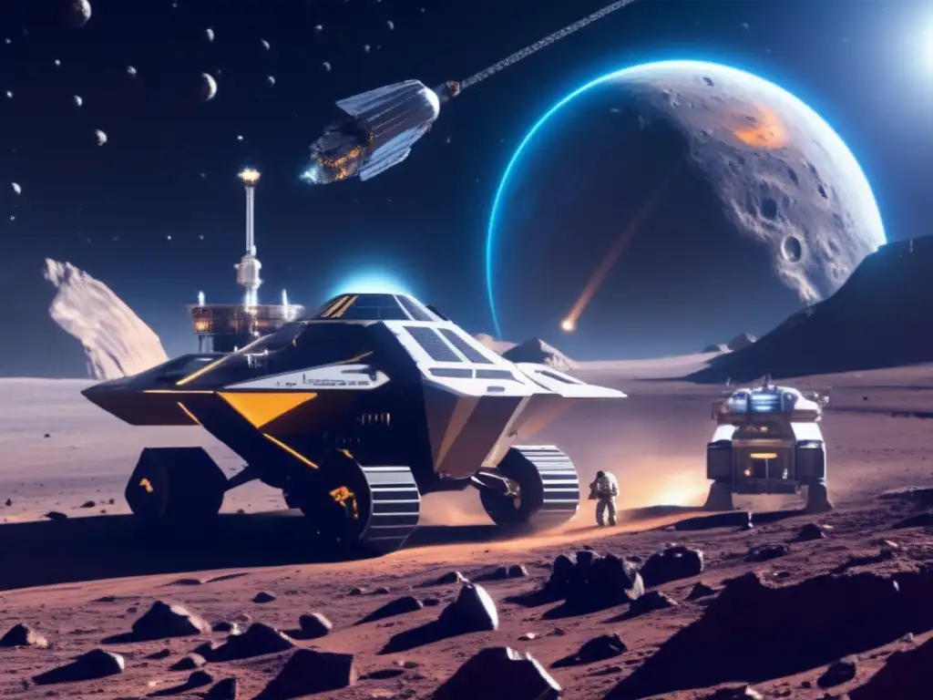 Futuro de la minería espacial en asteroide Ultradetalle de operación minera espacial futurista en asteroide, con nave avanzada y equipo de robotica