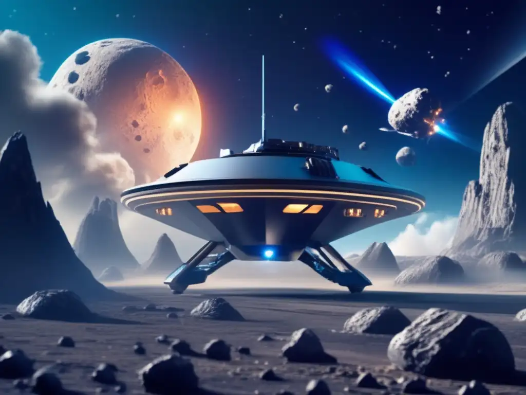 Ultradetalle de sonda espacial futurista explorando asteroides con herramientas avanzadas