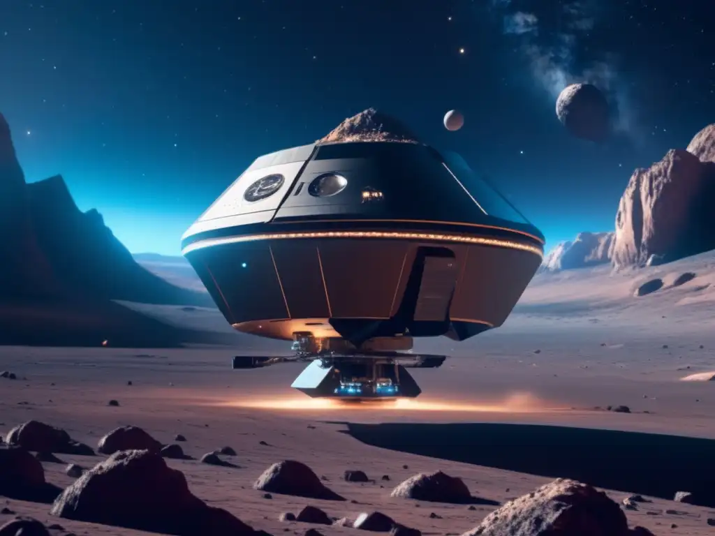 Sonda espacial recolectando muestras en asteroide Ultradetalle: Sonda espacial futurista sobre asteroide, muestra capas y formaciones rocosas