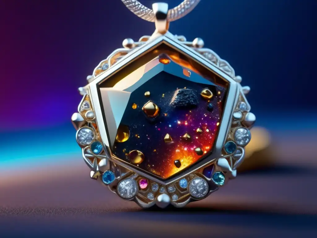Joyería única inspirada en asteroides, detalle de colgante de plata con piedra preciosa en vibrantes tonos de azul, púrpura y verde