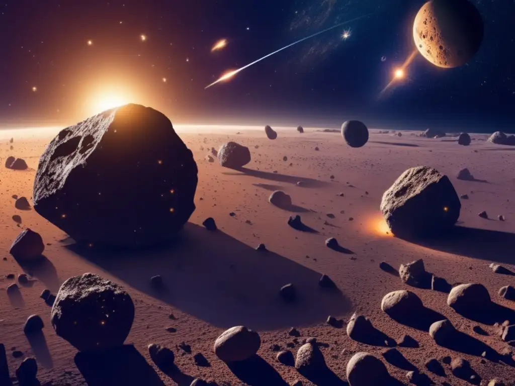 Vasto espacio con asteroide y planeta Universo: asteroides menores, potencial minero y evolución