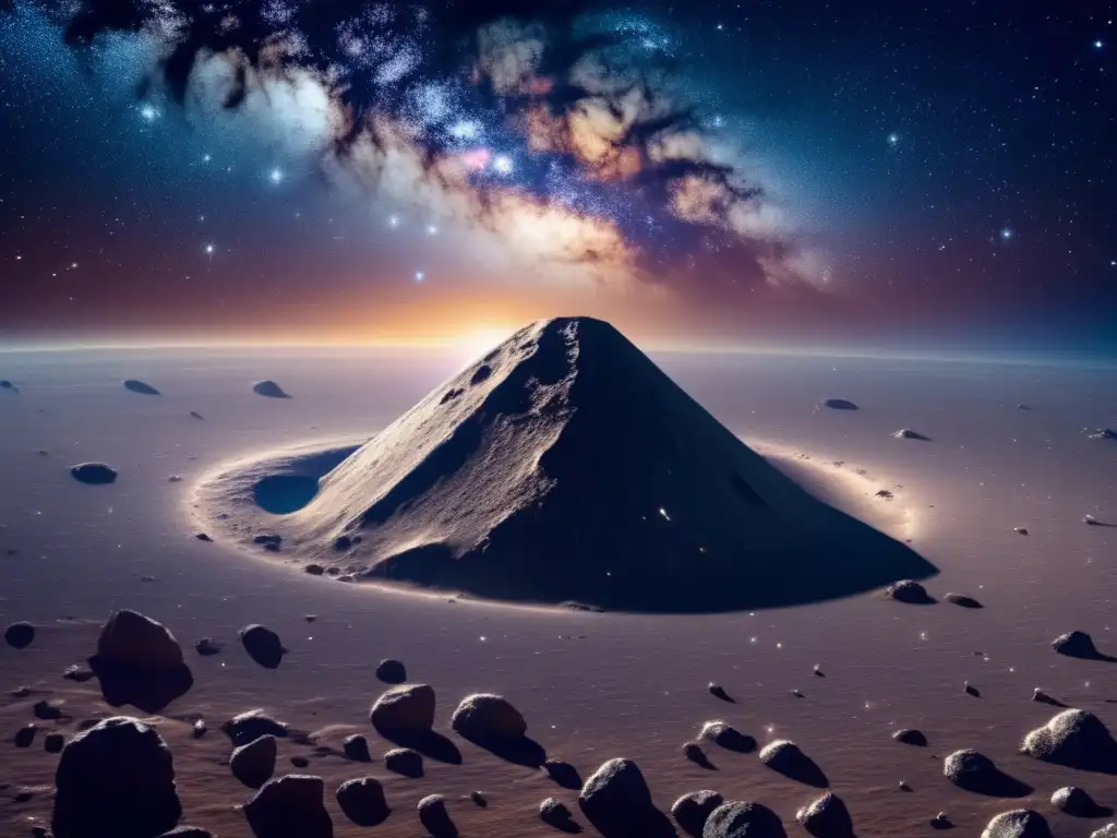 Universo estrellado con asteroide iluminado Universo estrellado con asteroides: Regulaciones internacionales militarización espacio asteroides