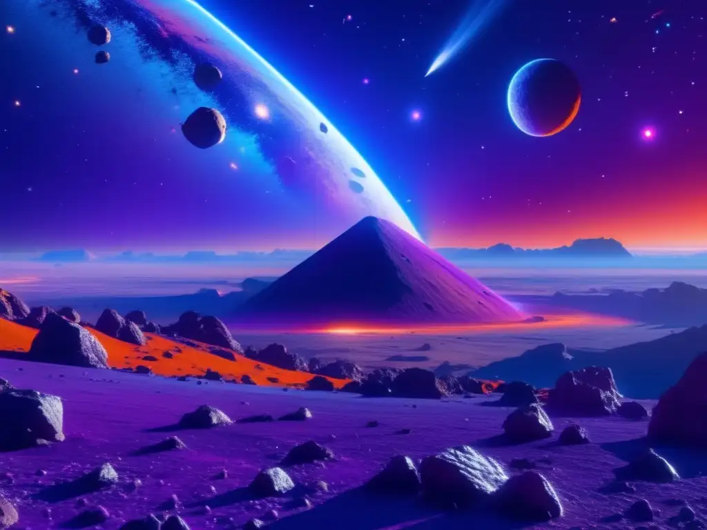 Espectacular campo de asteroides Uso de asteroides en literatura: imagen impresionante de campo de asteroides con colores vibrantes y nave espacial