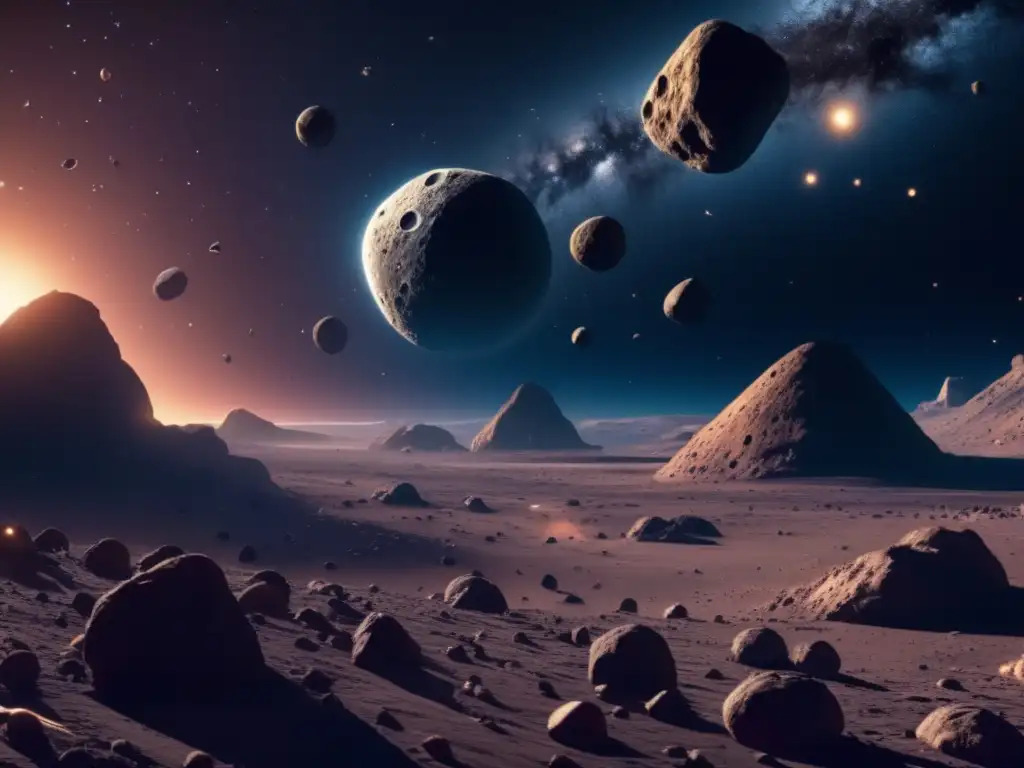Impresionante campo de asteroides en el espacio Valorización de recursos espaciales con IA: Asteroide 8k detallado en el espacio, con numerosos cuerpos celestiales suspendidos en el tiempo