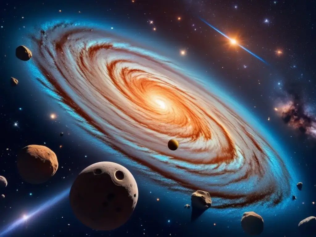 Galaxia espiral en el espacio estrellado Vasta expanse estelar con galaxia central, nebulosa y asteroides