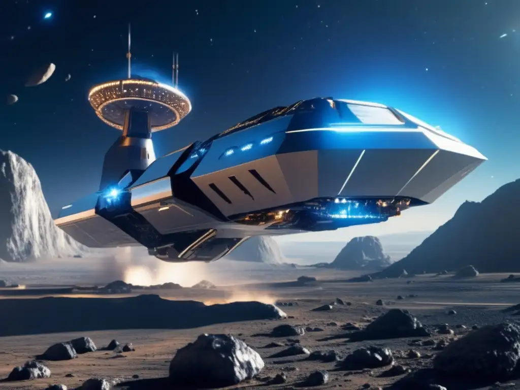 Futurista nave espacial minera en asteroide Vehículos autónomos espaciales: minería de asteroides eficiente y rentable