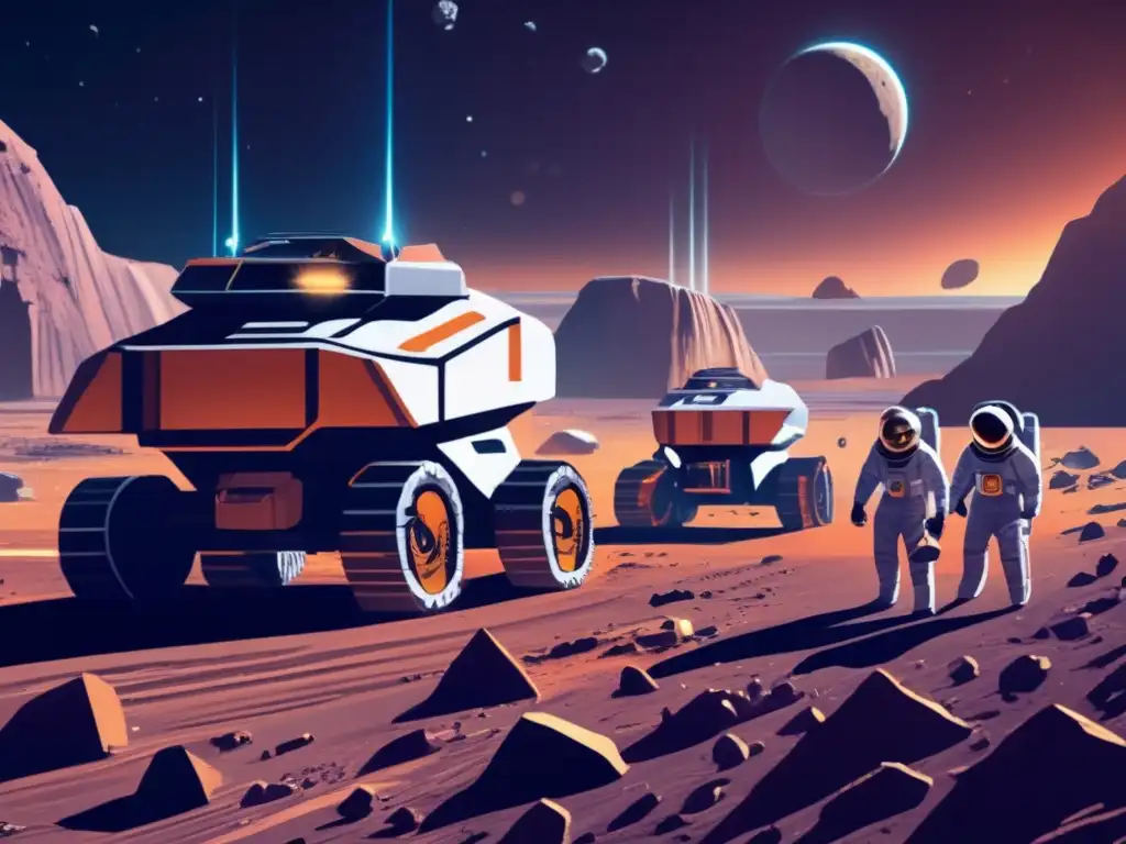 Viabilidad de minar asteroides cercanos: Operación minera futurista en un asteroide con maquinaria avanzada, astrónomos y recursos valiosos