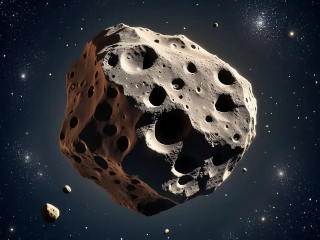 Impactante vista de asteroide tipo C en el espacio Vida en asteroides tipo C: asombrosa vista de un asteroide tipo C en el espacio, con cráteres, formaciones rocosas y tonos de gris y marrón