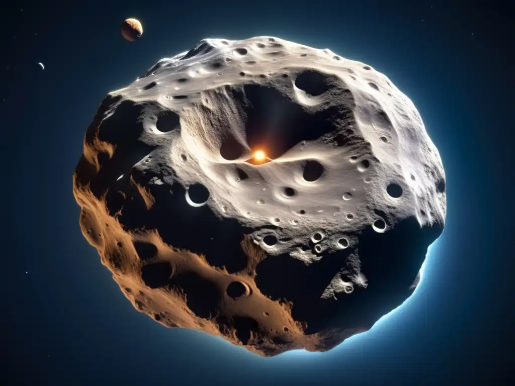 Asteroide C en el espacio Vida en asteroides tipo C: espectacular imagen de un asteroide flotando en el espacio, con superficie irregular, terreno rugoso y cráteres