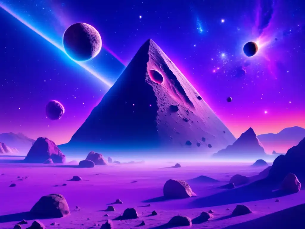 Hermoso paisaje espacial con asteroides y sonda Vida en asteroides tipo C - Expanse celeste con formaciones rocosas interconectadas por tenues hilos, rodeadas de una nebulosa colorida