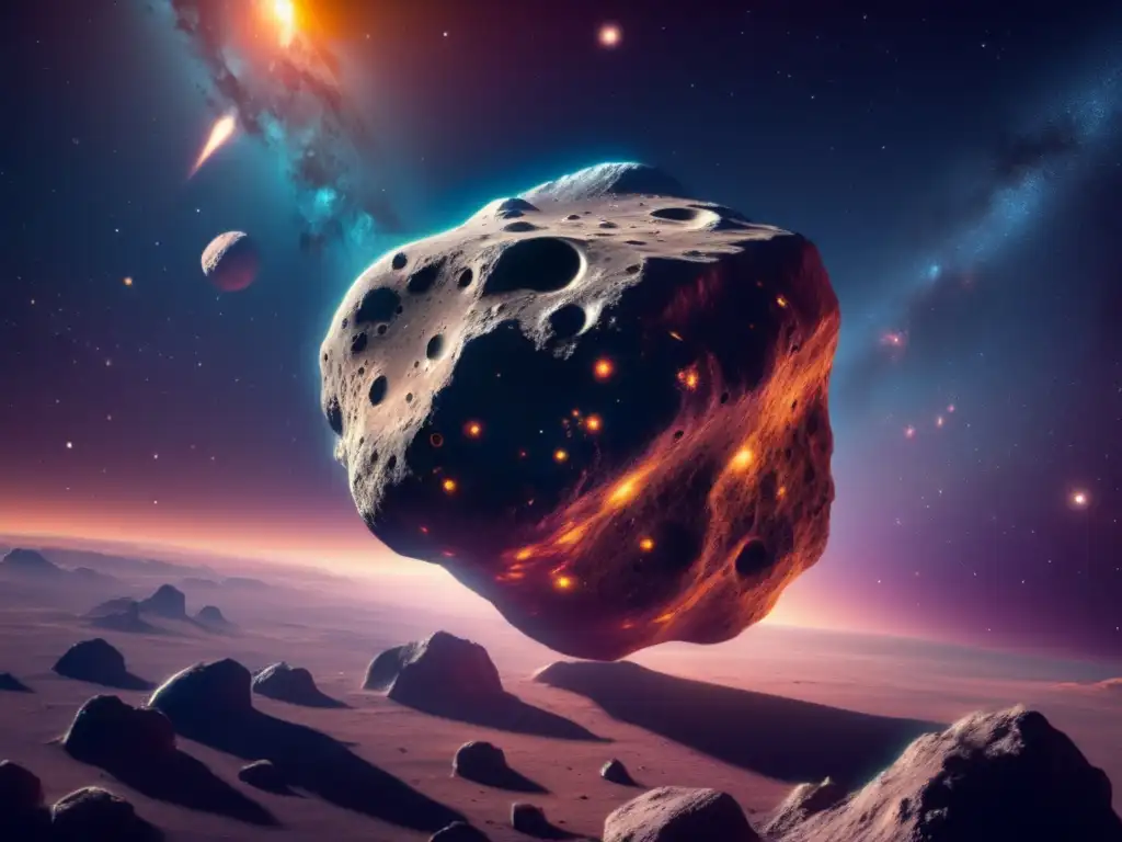 Asteroida C flotando en el espacio Vida en asteroides tipo C, cautivante imagen 8k de un asteroide flotando en el espacio con textura única, cráteres y una nebulosa vibrante