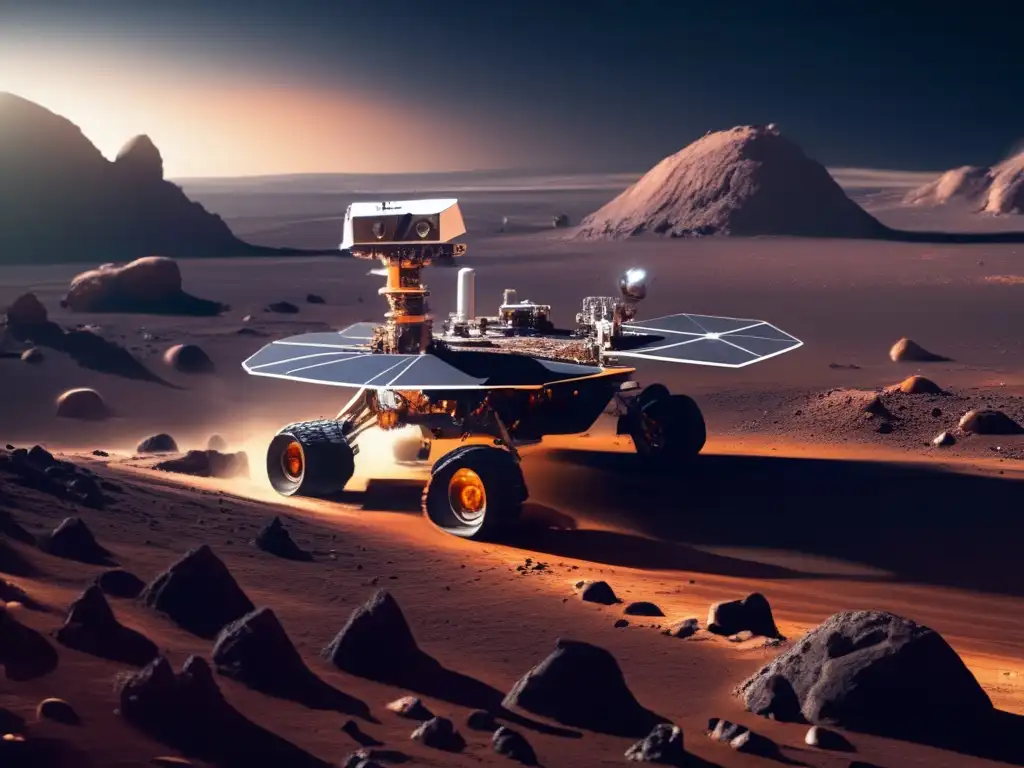 Exploración de un asteroide: rovers y vida extraterrestre Vida extraterrestre en asteroides: imagen impactante de la superficie de un asteroide, con rocas, cráteres y formaciones geológicas