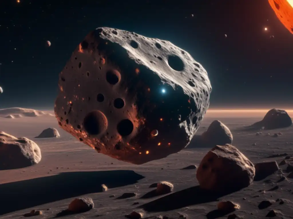 Asteroida rugosa y sonda científica en el espacio Vida extraterrestre en asteroides: imagen 8k mostrando asteroide con cráteres y sonda científica avanzada