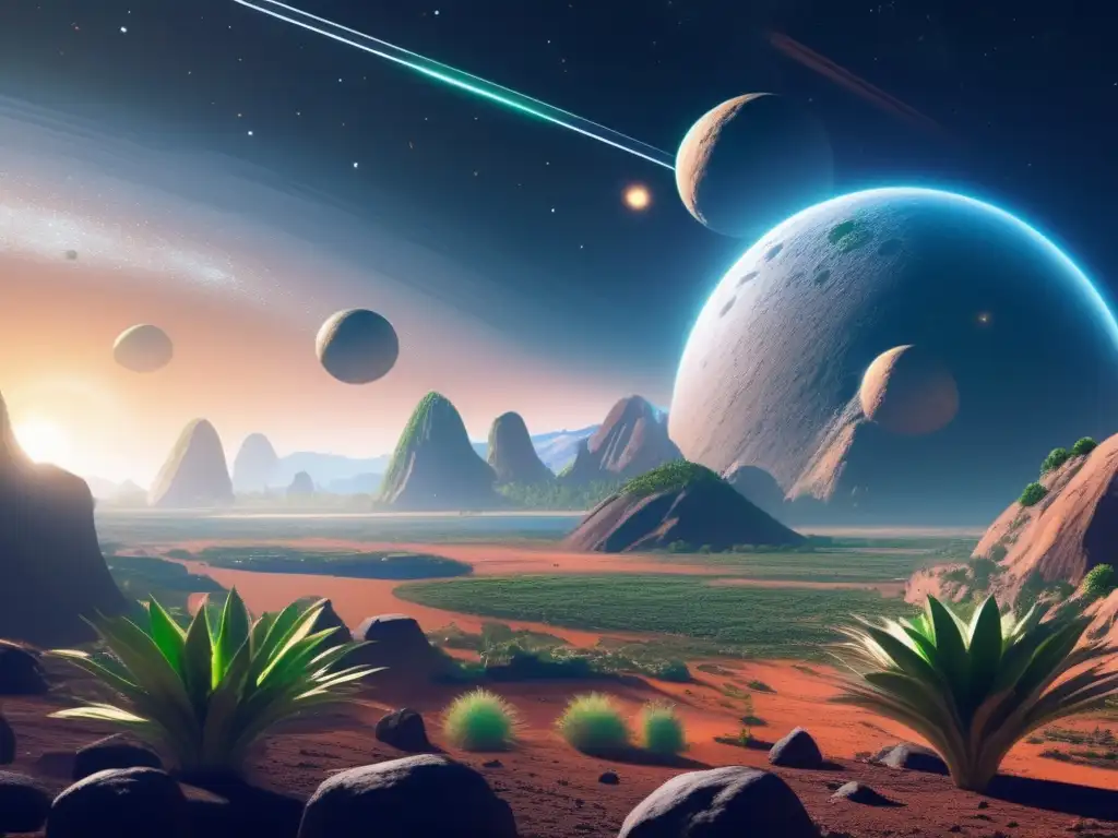 Ecosistema vegetal en asteroides Adaptación de vida terrestre en asteroides: visión futurista de plantas genéticamente modificadas que prosperan en asteroides
