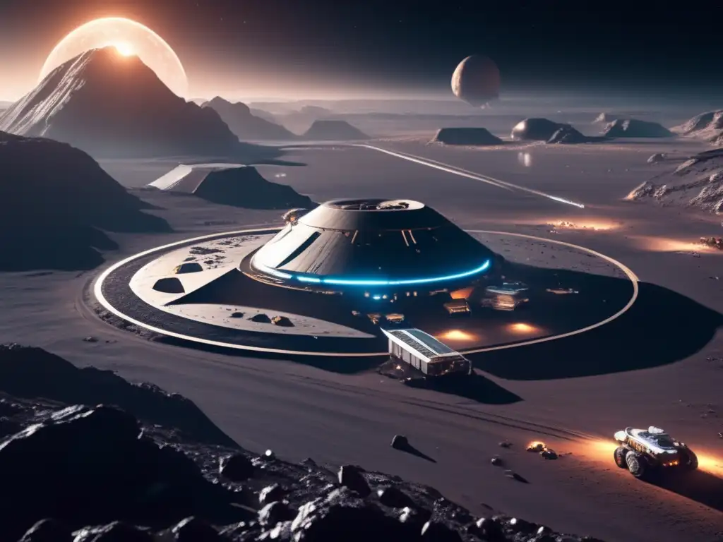 Futuro minero en asteroide: tecnología, exploración y recursos Adaptación de vida terrestre en asteroides con mina futurista, tecnología avanzada y astronautas
