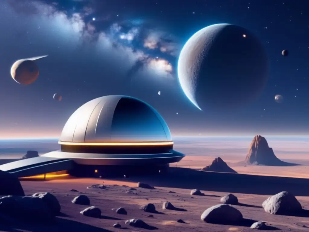 Vigilancia asteroides agencias espaciales: moderno observatorio espacial frente a asteroide luminoso