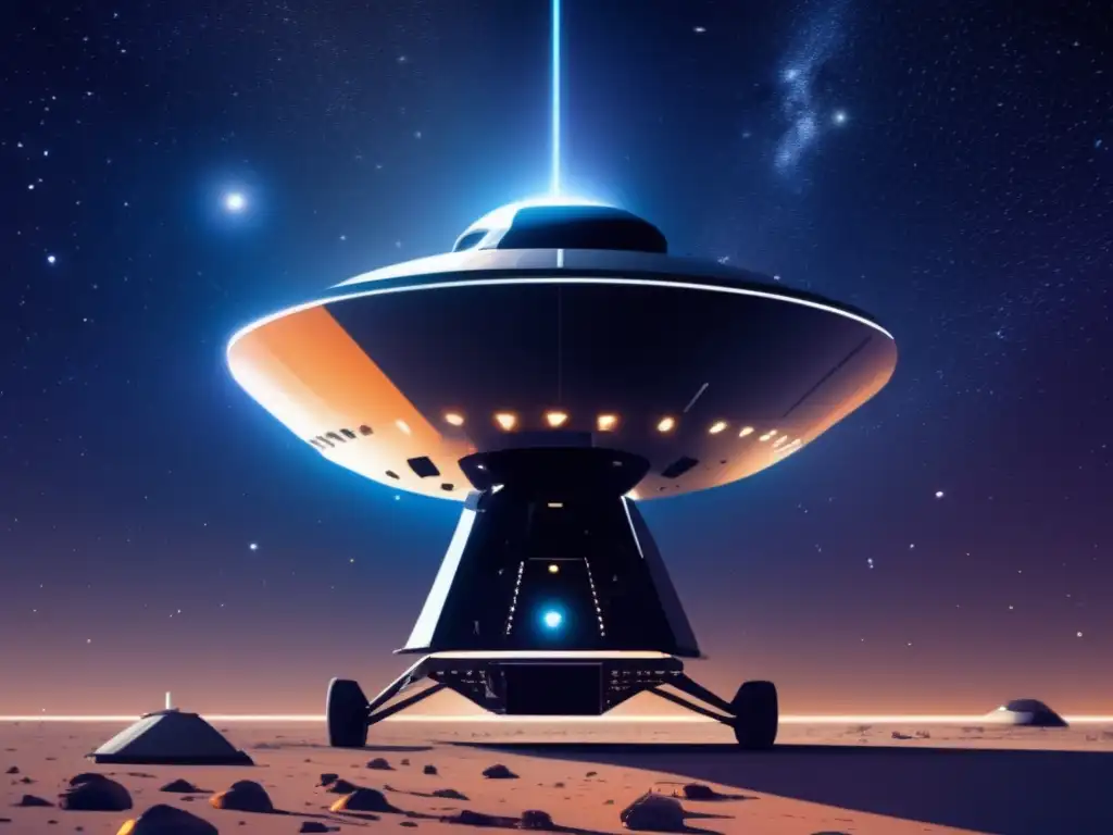 Vigilante infrarrojo detectar asteroides ocultos en vasto espacio estelar con nave futurista NEO Surveyor y asteroide imponente