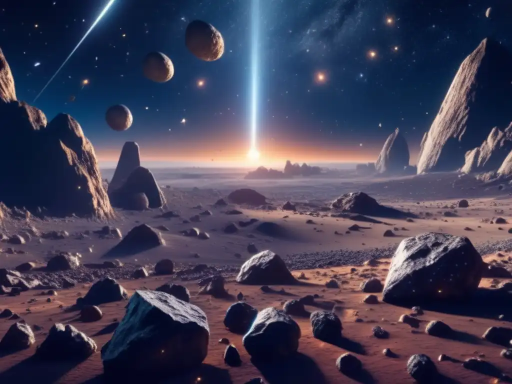 Asteroides: Exploración y extracción Vista asombrosa de campo de asteroides en el espacio: Terraformación asteroide: nuevas industrias